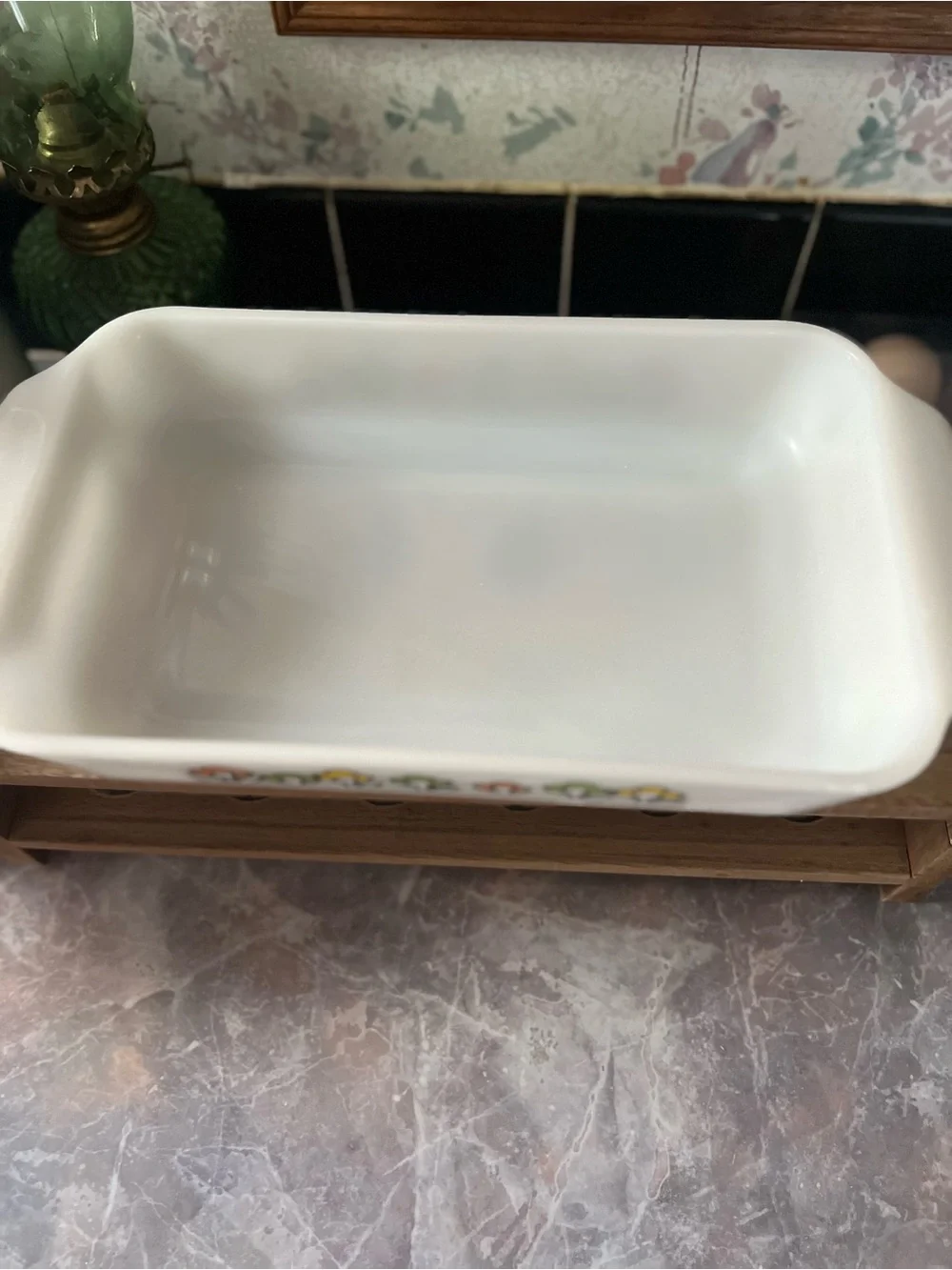 Vintage Anchor HockingFloral Glass Bake Dish - White with Orange & Green Flowers
